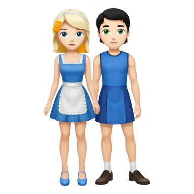 King, black hair, body, legst, blue eyes, blue garmont,  shoes, blonde maid, green eyes, sexy short sleveless White dress, shoes sticker
