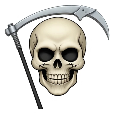 A laughing skull with a scythe crossed behind it, one eye socket winking. Clean, stylized lines, flat vector. Medieval woodcut style. Black and white with one accent color (tarnished silver). No background. sticker