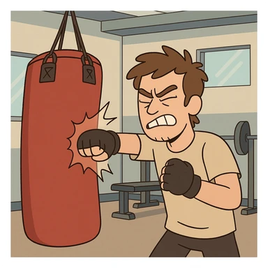 Hit a punching bag – to punch a padded bag for exercise or stress relief.
He went to the gym to hit a punching bag and blow off steam. Background Gym
 sticker