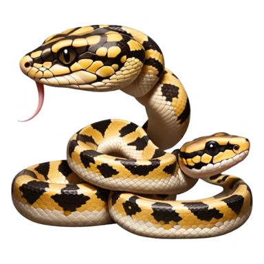 A close-up 3/4 view of the Ball Python with the front half raised slightly in an S-shape and its tongue flicking out. The head is angled curiously toward the viewer, showing both personality and motion. sticker
