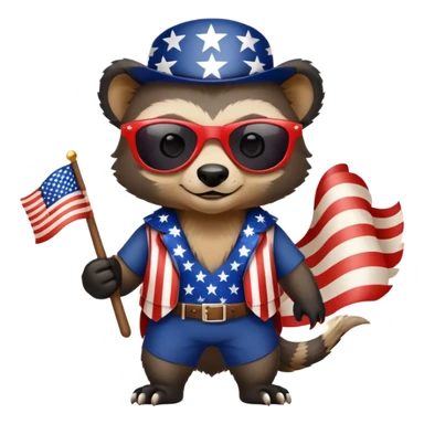 friendly anthropomorphised honey badger in patriotic USA Independence Day outfit with stars and stripes, wearing sunglasses sticker