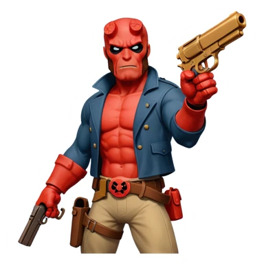 cinematic realistic superhero Hellboy by Mike Mignola jumps with a bronze pistol sticker