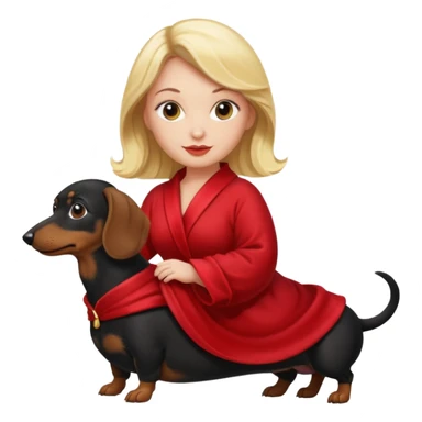 A blonde curvy woman riding on top of a black mini-dachshund wearing a red robe sticker