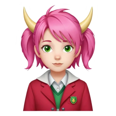 Anya Forger from Spy x Family, cute little girl with pink hair styled with two horn-like tufts, green eyes, cheerful expression, wearing Eden Academy school uniform with red jacket sticker