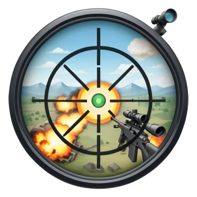 An icon symbolizing first-person shooter games. The design features a circular sniper scope view with crosshairs aimed at a distant target. The background shows a battlefield with soldiers and explosions, capturing the action-packed intensity of FPS games. Transparent background. sticker
