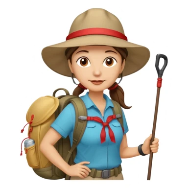 Middle aged women, long brown ponytail with wide brim hiking hat. With backpack and trekking poles. Backpack has a scallop shell with the cross of saint james hanging from it.  Remove the cross and add a scallop shell on a red string hanging from the backpack  sticker