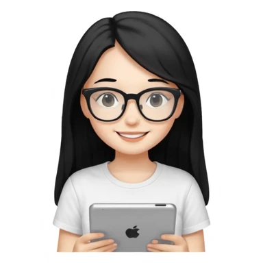 Long black hair girl in a white T-shirt and black square glasses smiling studying with an Ipad. sticker