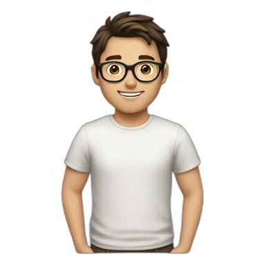 white boy with dark brown hair with circle brown glasses and a smile sticker