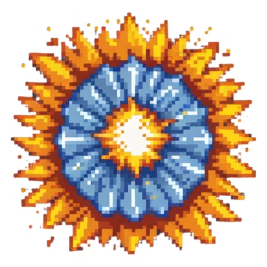 Bomberman explosion center tile animation frame 1, slightly smaller bright fiery explosion core, yellows and oranges, clean pixel art edges, beginning of explosion sticker