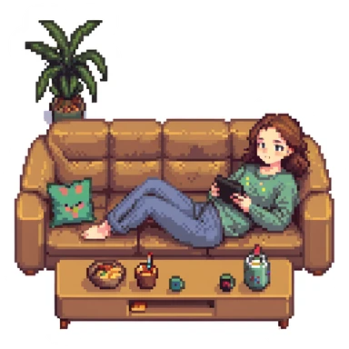 lazy girl lounging on a couch, watching TV and eating snacks sticker