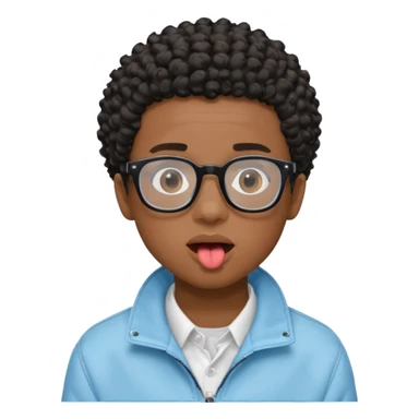 A dark-skinned boy with short curly hair, wearing square black-framed glasses, is sticking out his tongue and is wearing a light blue jacket. The figure is seen from the shoulders up. sticker