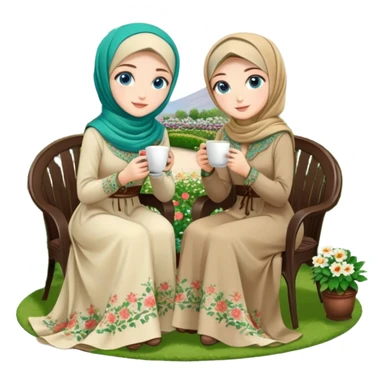 Turkish beautiful finish Konya girls blue eyes with Beautiful beige green floral hijab long tail dress and this two friends sit in a lovely garden on the chair on the ground and holds cup coffe with her hand  sticker
