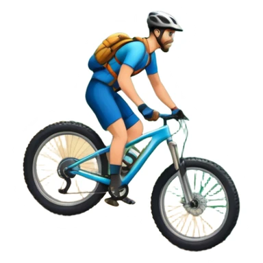 An icon featuring a forest trail or rocky mountain road. The background shows dense trees, steep slopes, and distant peaks under a clear blue sky with mountain bike with wide tires, positioned on  Transparent background highlights the thrill and rugged beauty of mountain biking. sticker