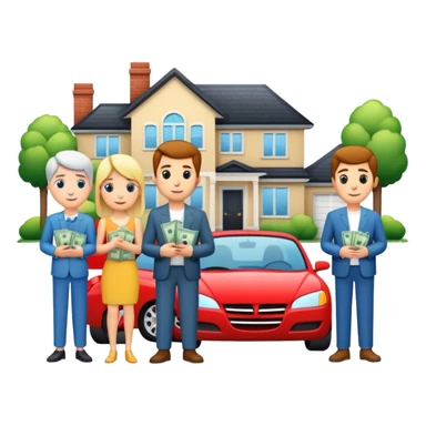 4 people with new houses, cars & alot of money sticker