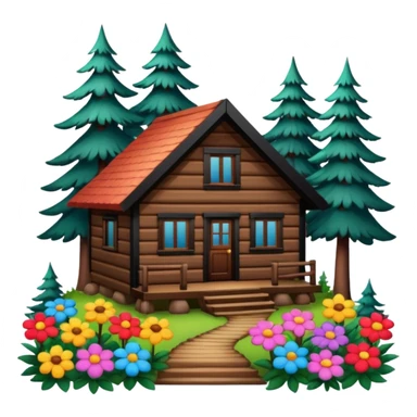cabin in the woods, surrounded by pines, with flowers around sticker
