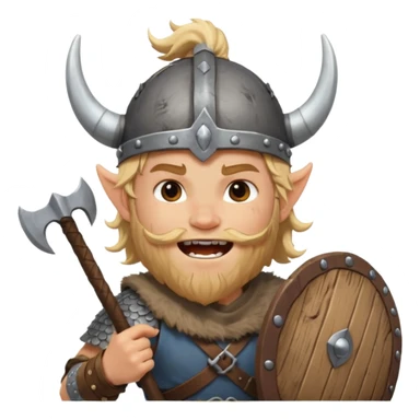 A young Viking warrior with messy hair painted cheeks, wooden shield, and fierce excited grin with horned helmet sticker