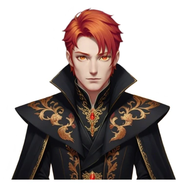 A tall and strikingly elegant High Fae male with fiery red hair, his golden eyes gleaming with cunning intelligence. He wears a luxurious black coat trimmed with copper embroidery, the fabric lined with fine gold stitching. His posture is relaxed yet calculated, his expression unreadable—except for the ghost of an arrogant smirk playing at his lips sticker