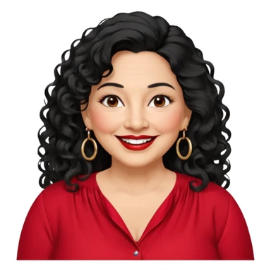 60 yr old Mexican woman, slightly chubby, wavy/curly long black hair, red lipstick, big smile, white teeth, brown eyes, hoop earings, side part to hair, round face, nice blouse, no wrinkle hair side swept, big hoop earing sticker