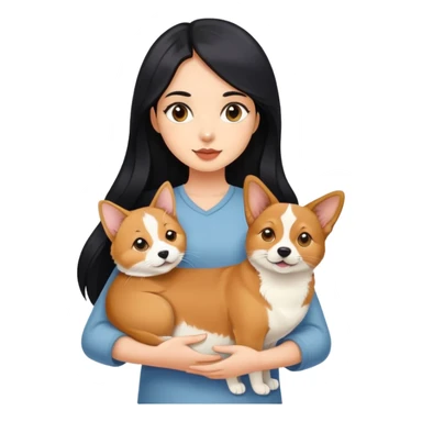 The girl with long black hair holding a corgi and a Abyssinian cat sticker
