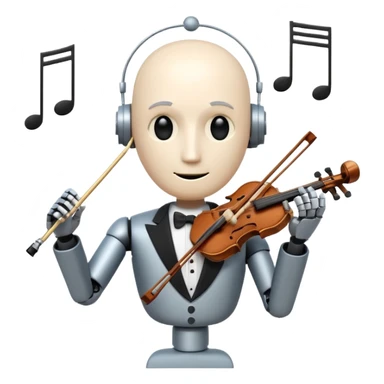 robot a sophisticated and elegant emoji that represents orchestration and arrangement. The design should feature a conductor’s baton, musical notes, and a symphonic score, symbolizing the process of arranging and orchestrating music. Incorporate instruments like a violin, trumpet, sticker