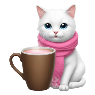White cat with a pink scarf drinking hot chocolate from a pink cup sticker