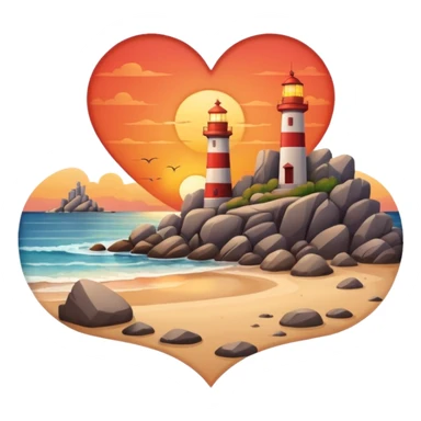 A heart that has a sunset over a beach in it, with a lighthouse and rocks. sticker