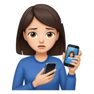 Social media manager. She has dark brown hair, brown eyes, overwhelmed expression, tired eyes, slightly stressed face,a holding a smartphone with notifications piling up sticker
