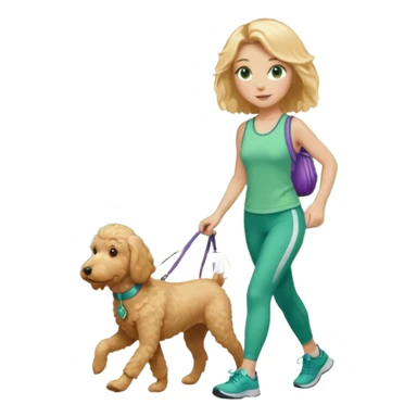 Girl with shoulder length, blonde hair, green eyes, and fitness clothes, walking a golden doodle sticker