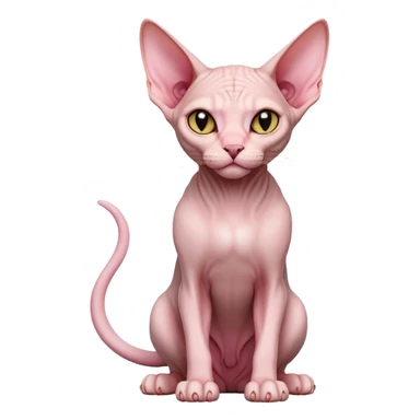 cinematic-[sphynx cat]-realistic-full-body-sitting-emoji,-tail-curled-playfully-around-its-paws,-head-tilted-dramatically,-sleek-[pink]-skin,-simplified-yet-realistic-focused-features,-highly-detailed,-glowing-with-an-almost-sarcastic-glow sticker