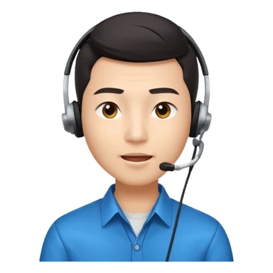 A young Asian man with smooth light skin, dark hair that swoops upward in the front, expressive eyes, a clean-shaven face, and a call-center style headset over one ear, flamboyent  sticker