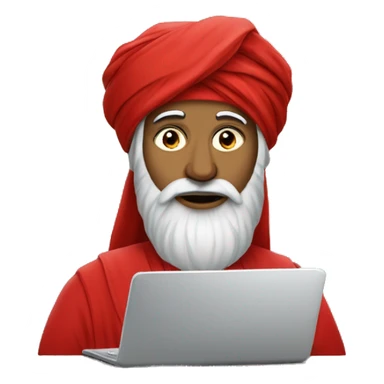 A caliph with turban and red clothes writing in a laptop sticker