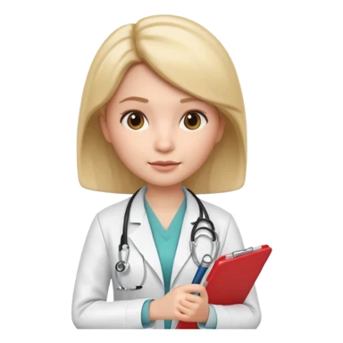3D memoji female doctor holding clipboard and pen, slightly strict but kind facial expression, educational vibe, white medical coat, isolated PNG sticker