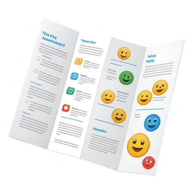 tri-fold brochure opened, with simple layout lines and image placeholders. sticker