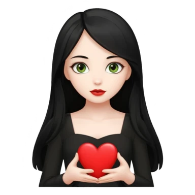 Pale girl with long black hair and olive green eyes wearing black dress and holding a heart sticker