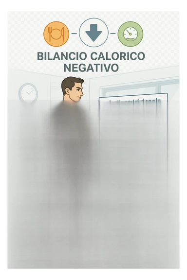 a man stands on a digital scale, looking at a nutrition chart that shows his daily calorie intake is lower than his energy expenditure. Floating icons above his head display a negative calorie balance, and his body appears slightly leaner, with visible muscle definition. The background is a modern clinic, emphasizing the concept of caloric deficit. scritto in italiano sticker