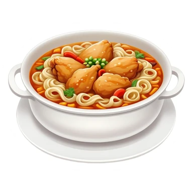 Xinjiang Big Plate Chicken with wide noodles in large dish, simplified emoji style with bold outlines and bright colors, cartoon style spicy chicken stew sticker