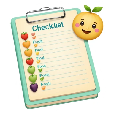 Emoji of checklist notebook with healthy food icons, nutrition planning, flat minimal emoji, pastel colors sticker