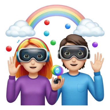 Human girl and boy Show a VR headset or AR glasses, symbolizing the immersive hair experience. Include virtual objects or a 3D scene floating in the air in front of rainbow Make the background transparent. sticker
