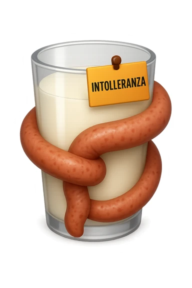 emoji stile iphone di un BICCHIERE DI LATTE CON COLON ATTORCIGLIATO INTORNO, HA UN CARTELLO CON LA SCRITTA "INTOLLERANZA" iperrealistico 4k, isolato su sfondo bianco sticker