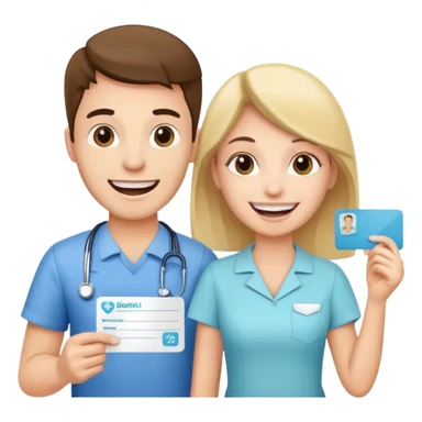 a cheerful young man and woman, carrying a dental appointment card, going to the dentist sticker