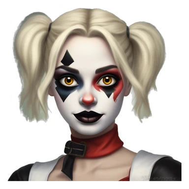 Dalahäst in Harley Quinn style, oil paint, mysterious eyes, intricate lips, masterpiece portrait, odd perspective, beautiful, desirable, logical sticker
