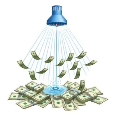 Sprinkler system shooting out streams of dollar bills, instead of water, clearly showing financial benefit sticker