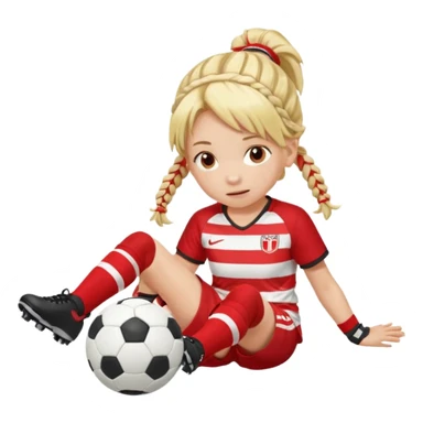 Chica de pelo rubio tirada en el suelo boca abajo agarrando un balón con las manos vestida con una equipación de color rojo y blanco con líneas y con unas botas de tacos de fútbol, con un bucal en la boca y el pelo con trenzas sticker