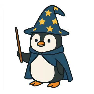 flat toon style penguin wizard with starry hat sticker