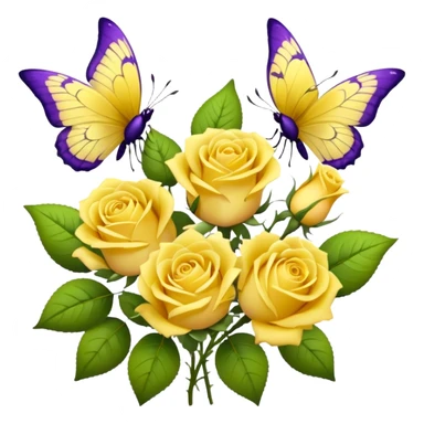 Bouquet of yellow roses. Purple butterflies are flying near it.  sticker