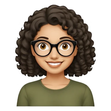 Young Latina woman with light tan skin. Round friendly face with dimples when smiling. Dark brown eyes behind black-framed glasses. Thick arched eyebrows. Shoulder-length curly voluminous hair. Big smile. Wearing an olive green top. sticker
