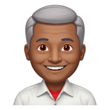 50 yr old indian man, dark skin, grey hair, big smile, white teeth, chubby, no moustache, clean shaven, young style hair, hair brushed back, 5 oclock shadow, bindy on forehead, dress shirt, red dot sticker
