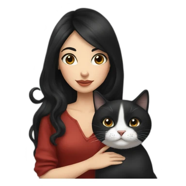 Russian woman with long black hair kissing black and white cat sticker
