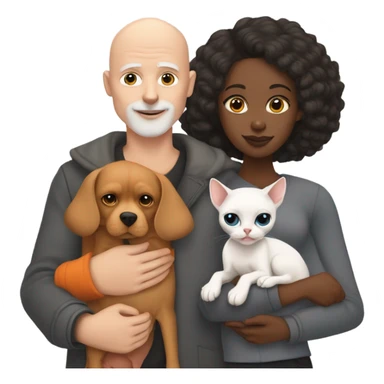 White bald man is holding a grey small sphinx cat and woman with dark straight hair is holding orange Pomeranian dog sticker