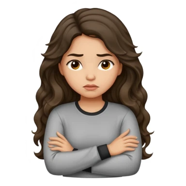 Hispanic light tan girl with long dark wavy hair with arms folded and pouting slightly. Wearing a long sleeve. sticker